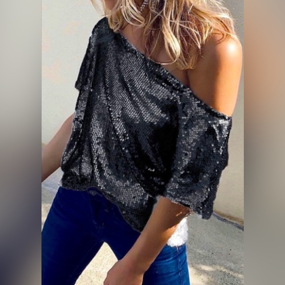 Elegant Shimmery Dew Shoulder Neckline W/Short Sleeves Sequin Detail Dress Top - Picture 8 of 14